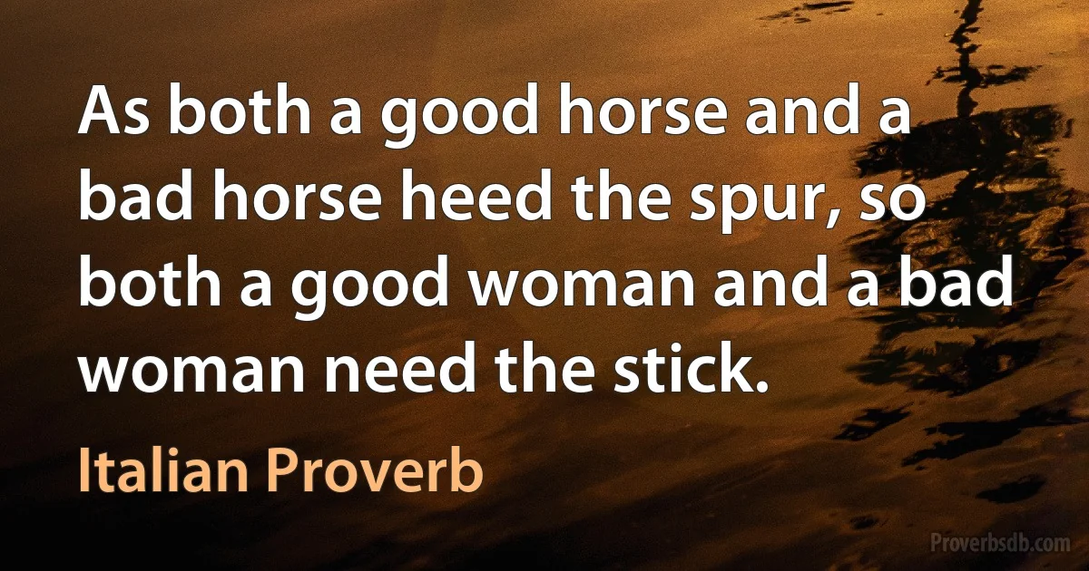 As both a good horse and a bad horse heed the spur, so both a good woman and a bad woman need the stick. (Italian Proverb)