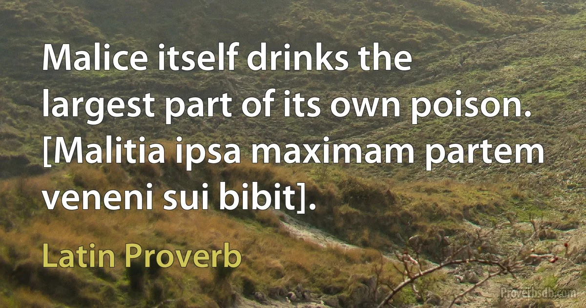 Malice itself drinks the largest part of its own poison. [Malitia ipsa maximam partem veneni sui bibit]. (Latin Proverb)