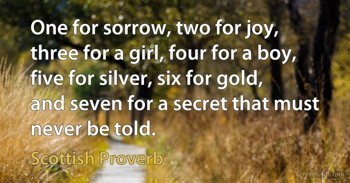 One for sorrow, two for joy, three for a girl, four for a boy, five for silver, six for gold, and seven for a secret that must never be told. (Scottish Proverb)