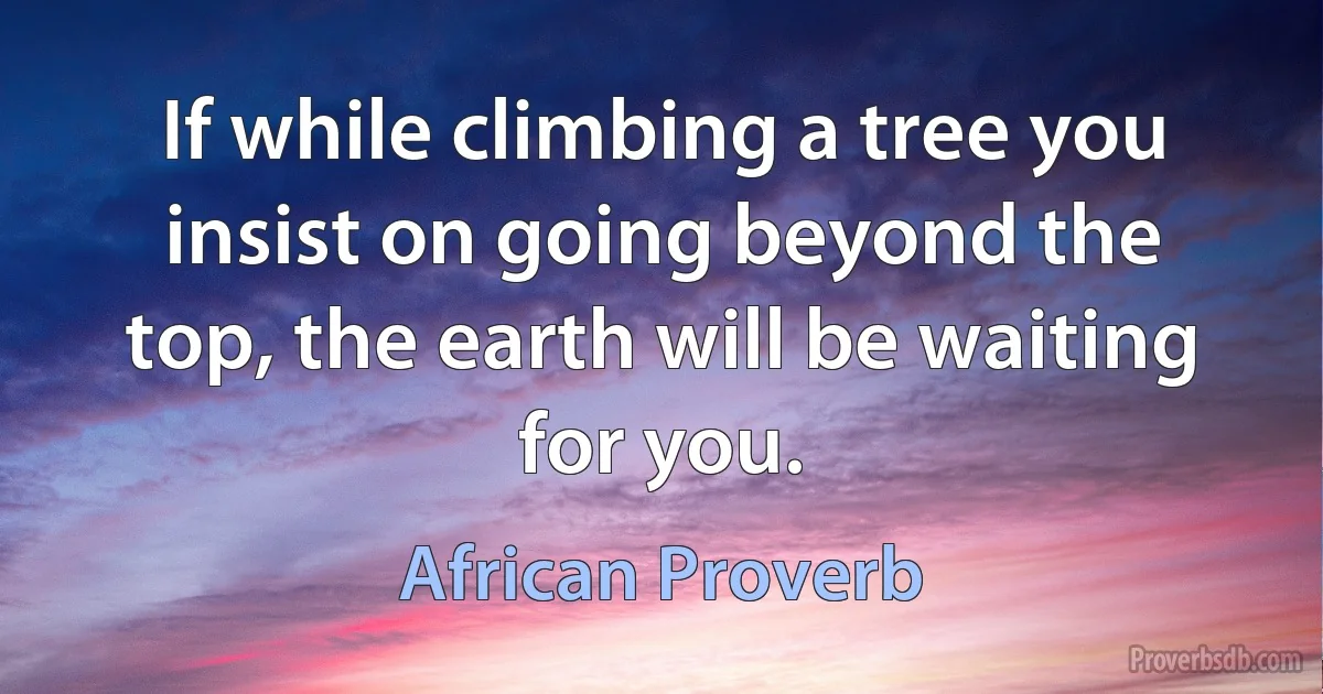 If while climbing a tree you insist on going beyond the top, the earth will be waiting for you. (African Proverb)