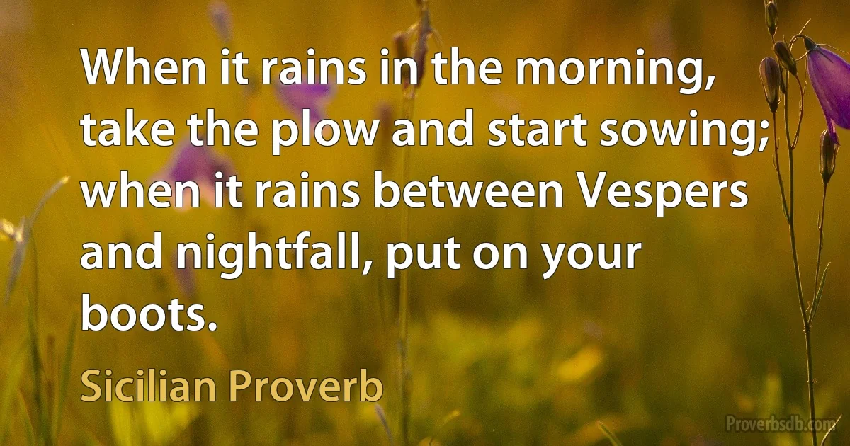 When it rains in the morning, take the plow and start sowing; when it rains between Vespers and nightfall, put on your boots. (Sicilian Proverb)