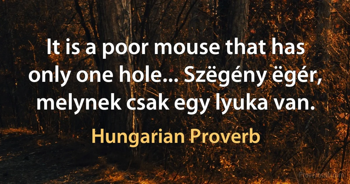 It is a poor mouse that has only one hole... Szëgény ëgér, melynek csak egy lyuka van. (Hungarian Proverb)