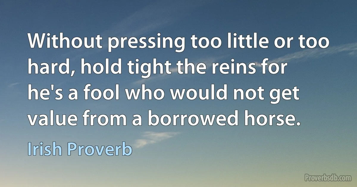 Without pressing too little or too hard, hold tight the reins for he's a fool who would not get value from a borrowed horse. (Irish Proverb)