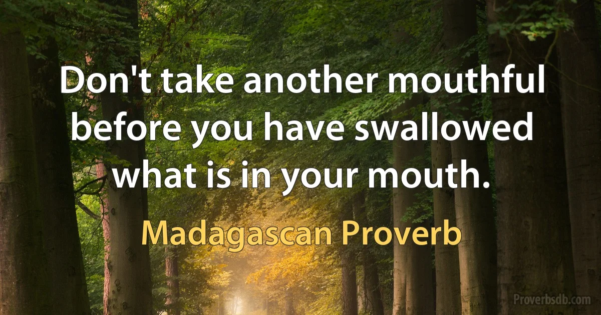 Don't take another mouthful before you have swallowed what is in your mouth. (Madagascan Proverb)