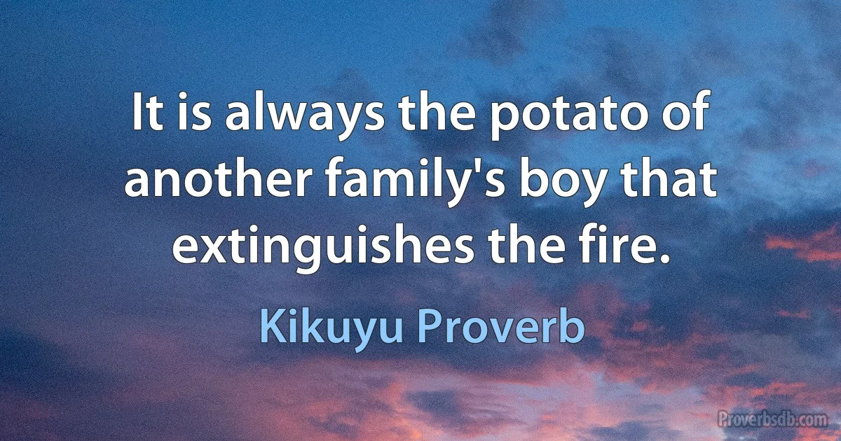 It is always the potato of another family's boy that extinguishes the fire. (Kikuyu Proverb)