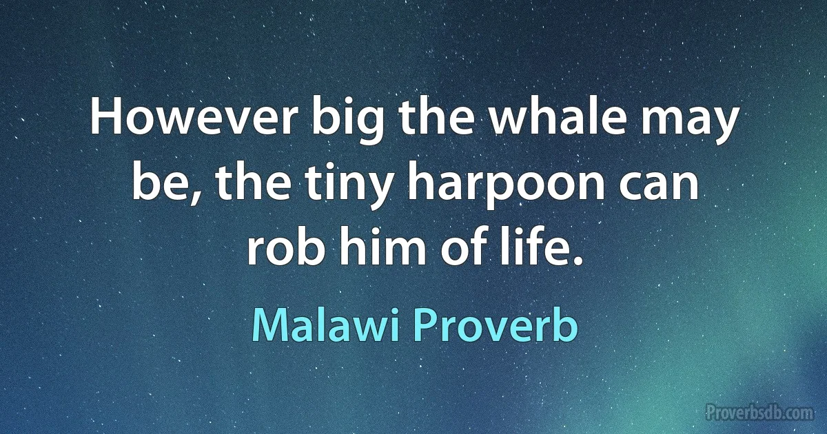 However big the whale may be, the tiny harpoon can rob him of life. (Malawi Proverb)