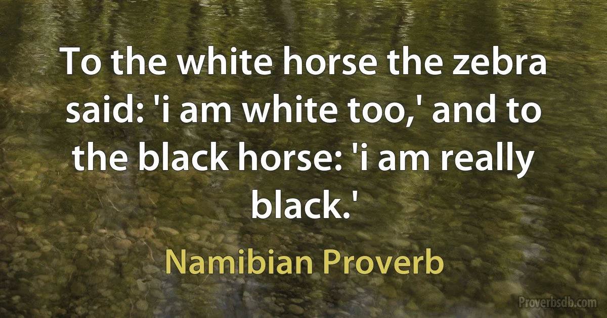 To the white horse the zebra said: 'i am white too,' and to the black horse: 'i am really black.' (Namibian Proverb)