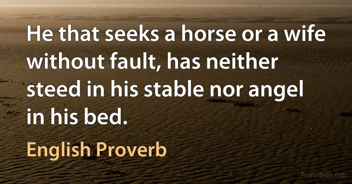 He that seeks a horse or a wife without fault, has neither steed in his stable nor angel in his bed. (English Proverb)