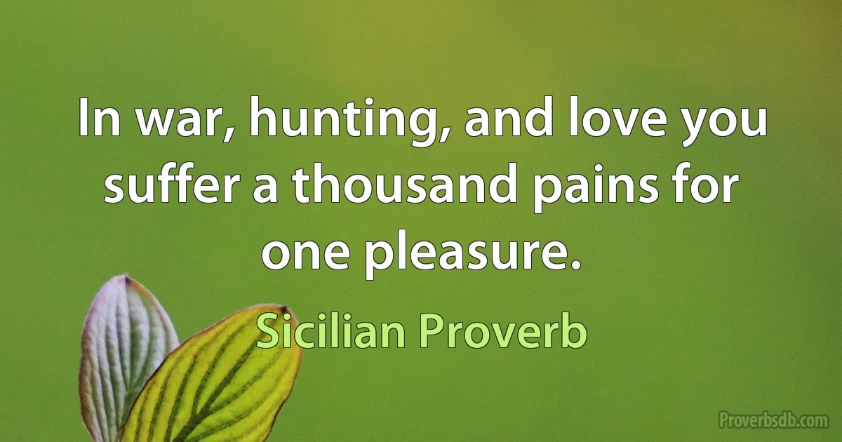 In war, hunting, and love you suffer a thousand pains for one pleasure. (Sicilian Proverb)