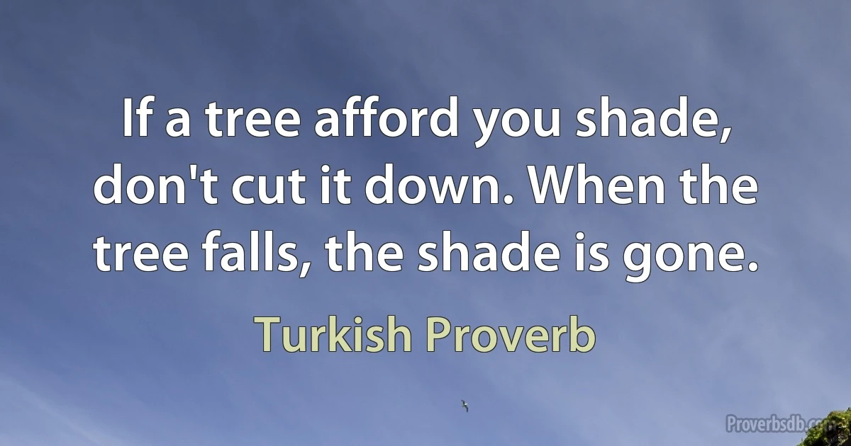 If a tree afford you shade, don't cut it down. When the tree falls, the shade is gone. (Turkish Proverb)