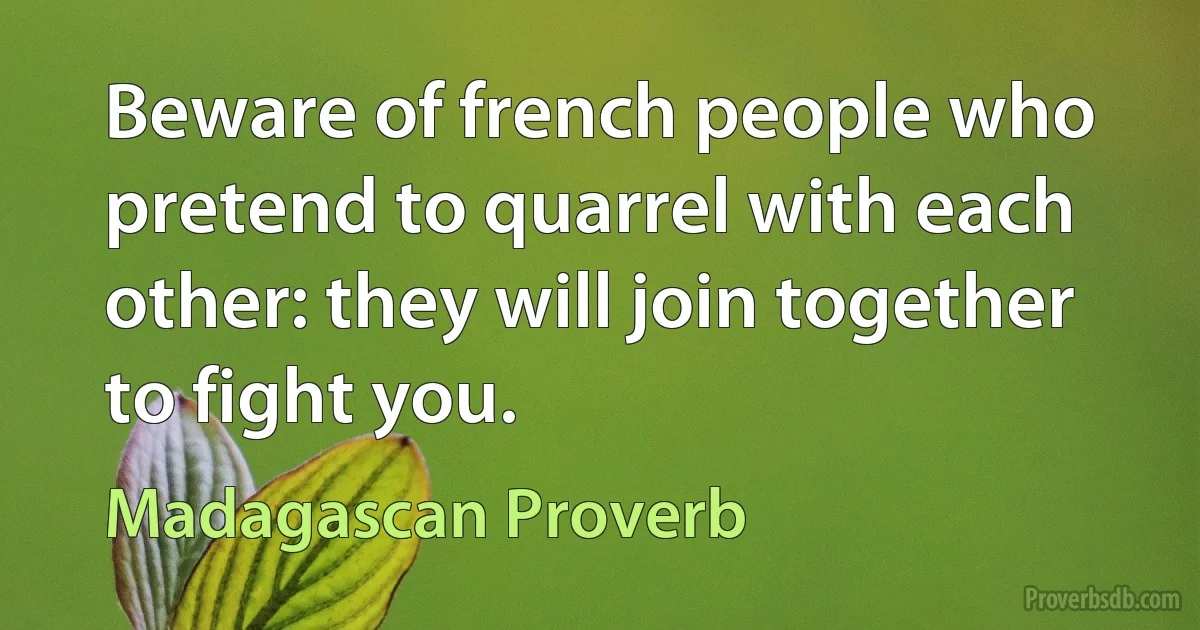 Beware of french people who pretend to quarrel with each other: they will join together to fight you. (Madagascan Proverb)