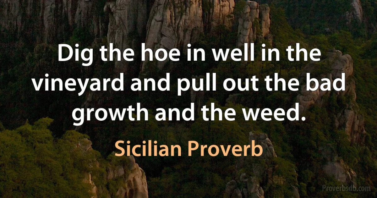 Dig the hoe in well in the vineyard and pull out the bad growth and the weed. (Sicilian Proverb)