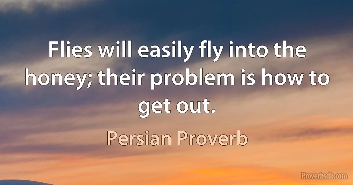 Flies will easily fly into the honey; their problem is how to get out. (Persian Proverb)