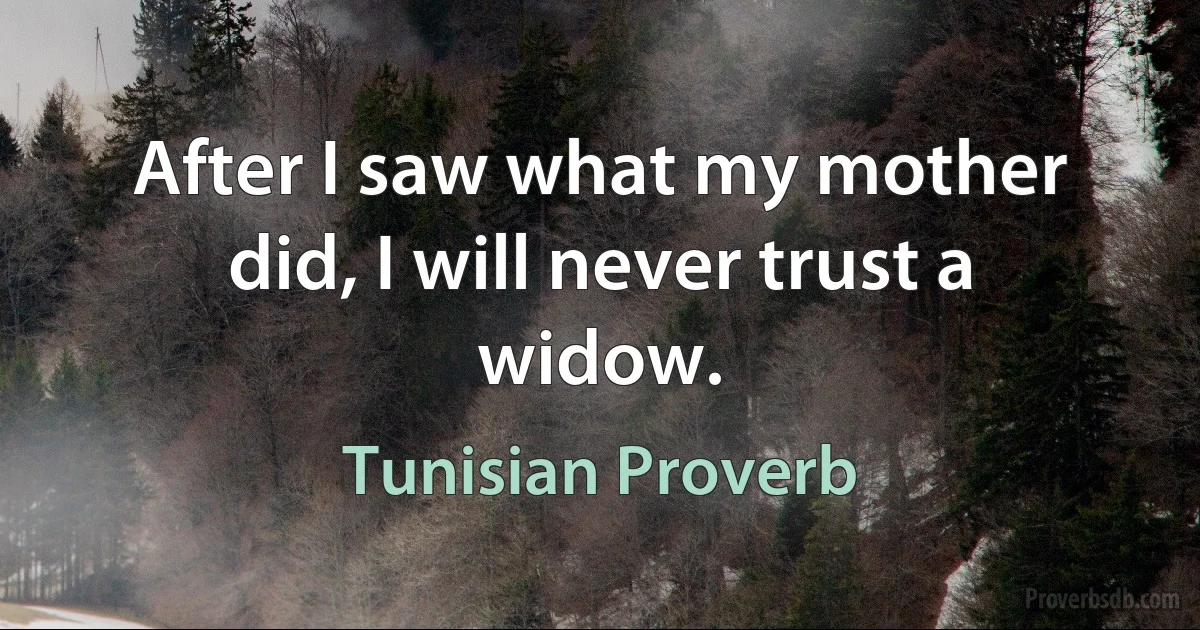 After I saw what my mother did, I will never trust a widow. (Tunisian Proverb)