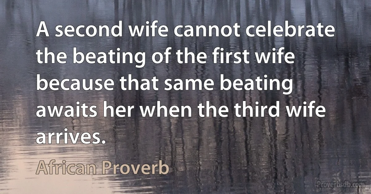 A second wife cannot celebrate the beating of the first wife because that same beating awaits her when the third wife arrives. (African Proverb)