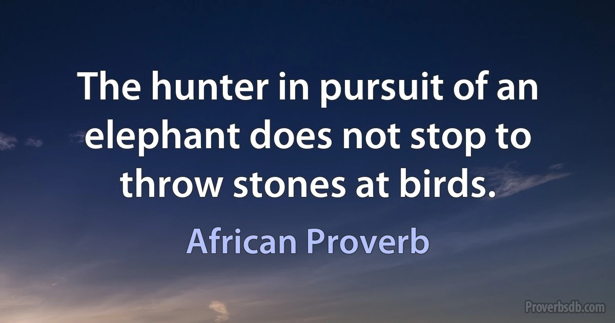 The hunter in pursuit of an elephant does not stop to throw stones at birds. (African Proverb)