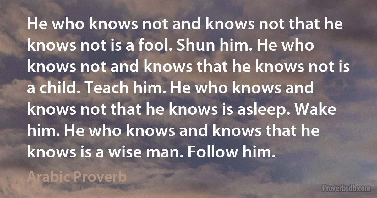 He who knows not and knows not that he knows not is a fool. Shun him. He who knows not and knows that he knows not is a child. Teach him. He who knows and knows not that he knows is asleep. Wake him. He who knows and knows that he knows is a wise man. Follow him. (Arabic Proverb)