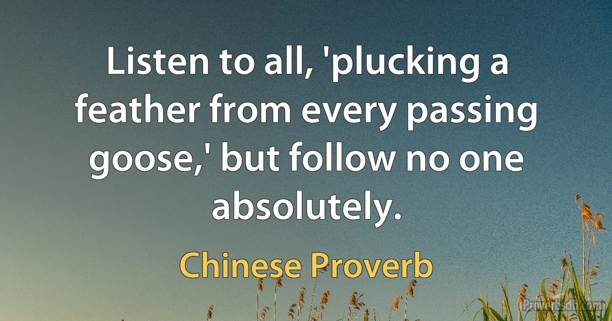 Listen to all, 'plucking a feather from every passing goose,' but follow no one absolutely. (Chinese Proverb)