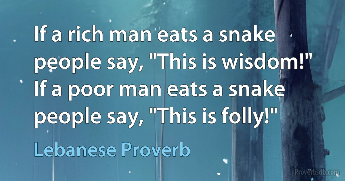 If a rich man eats a snake people say, "This is wisdom!" If a poor man eats a snake people say, "This is folly!" (Lebanese Proverb)