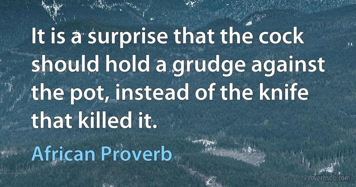 It is a surprise that the cock should hold a grudge against the pot, instead of the knife that killed it. (African Proverb)