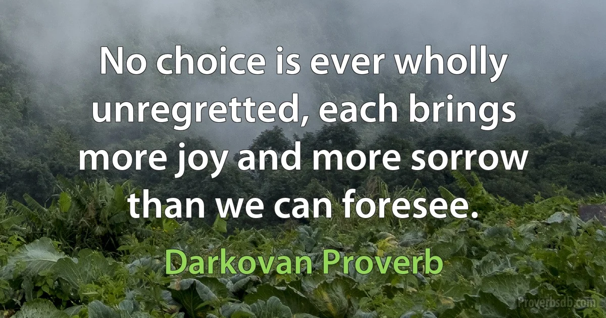 No choice is ever wholly unregretted, each brings more joy and more sorrow than we can foresee. (Darkovan Proverb)