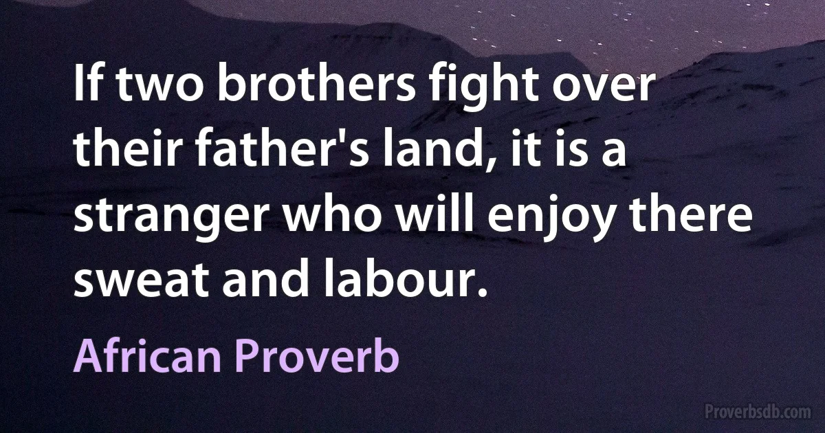 If two brothers fight over their father's land, it is a stranger who will enjoy there sweat and labour. (African Proverb)