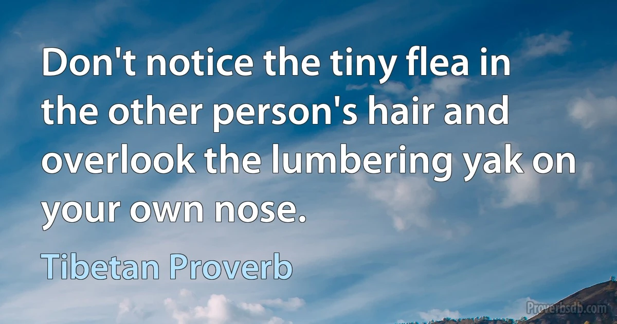 Don't notice the tiny flea in the other person's hair and overlook the lumbering yak on your own nose. (Tibetan Proverb)