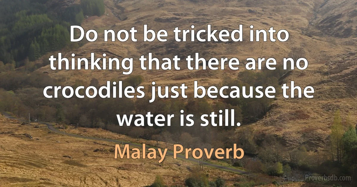 Do not be tricked into thinking that there are no crocodiles just because the water is still. (Malay Proverb)