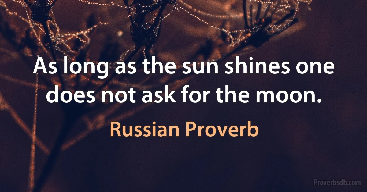 As long as the sun shines one does not ask for the moon. (Russian Proverb)