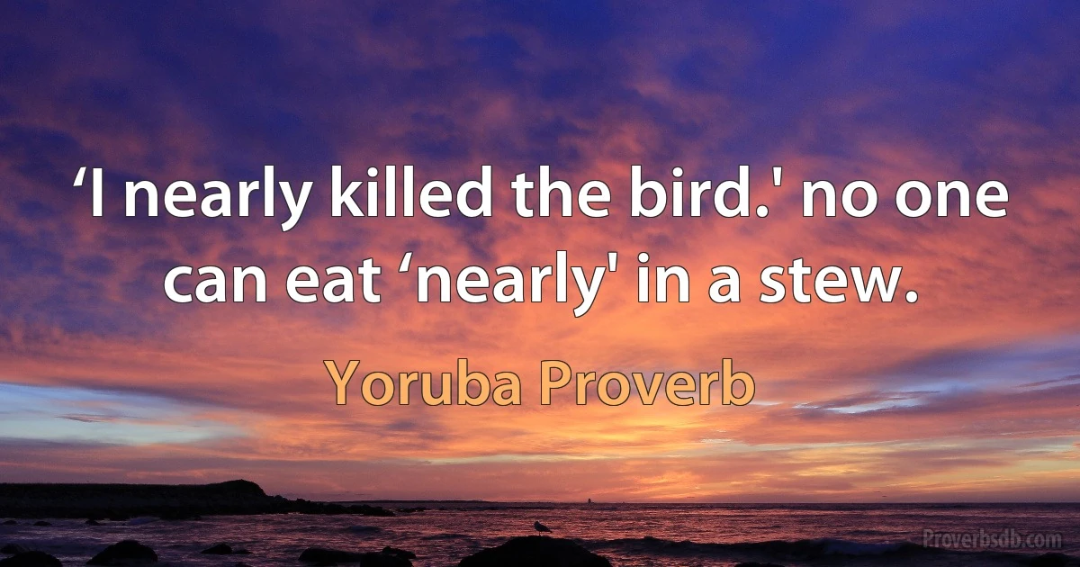 ‘I nearly killed the bird.' no one can eat ‘nearly' in a stew. (Yoruba Proverb)