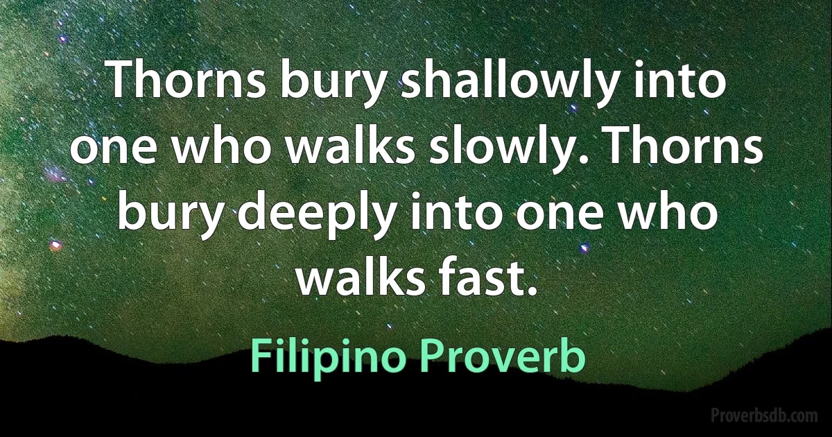 Thorns bury shallowly into one who walks slowly. Thorns bury deeply into one who walks fast. (Filipino Proverb)