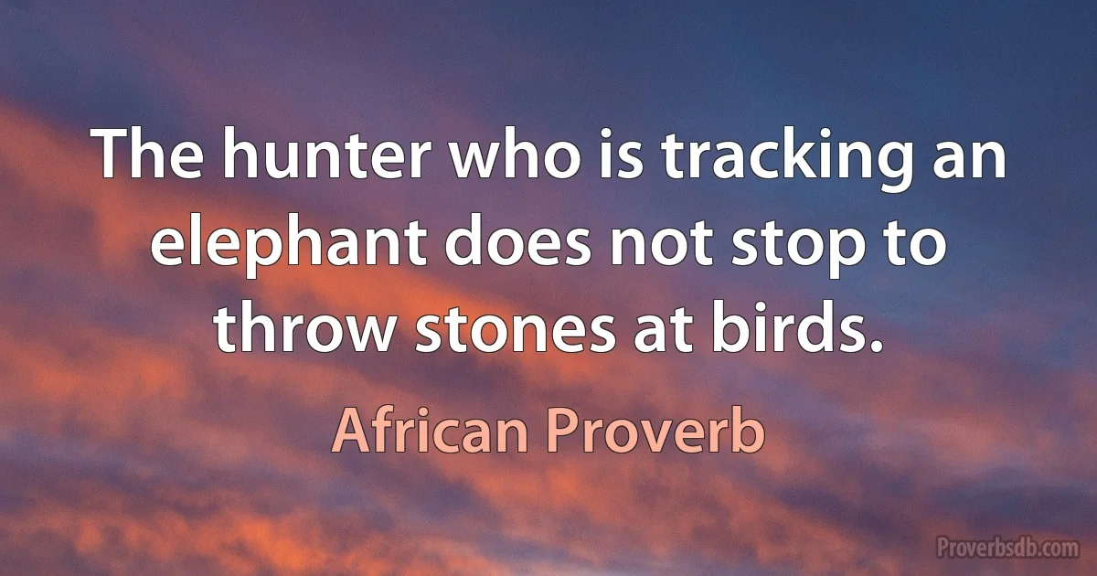 The hunter who is tracking an elephant does not stop to throw stones at birds. (African Proverb)