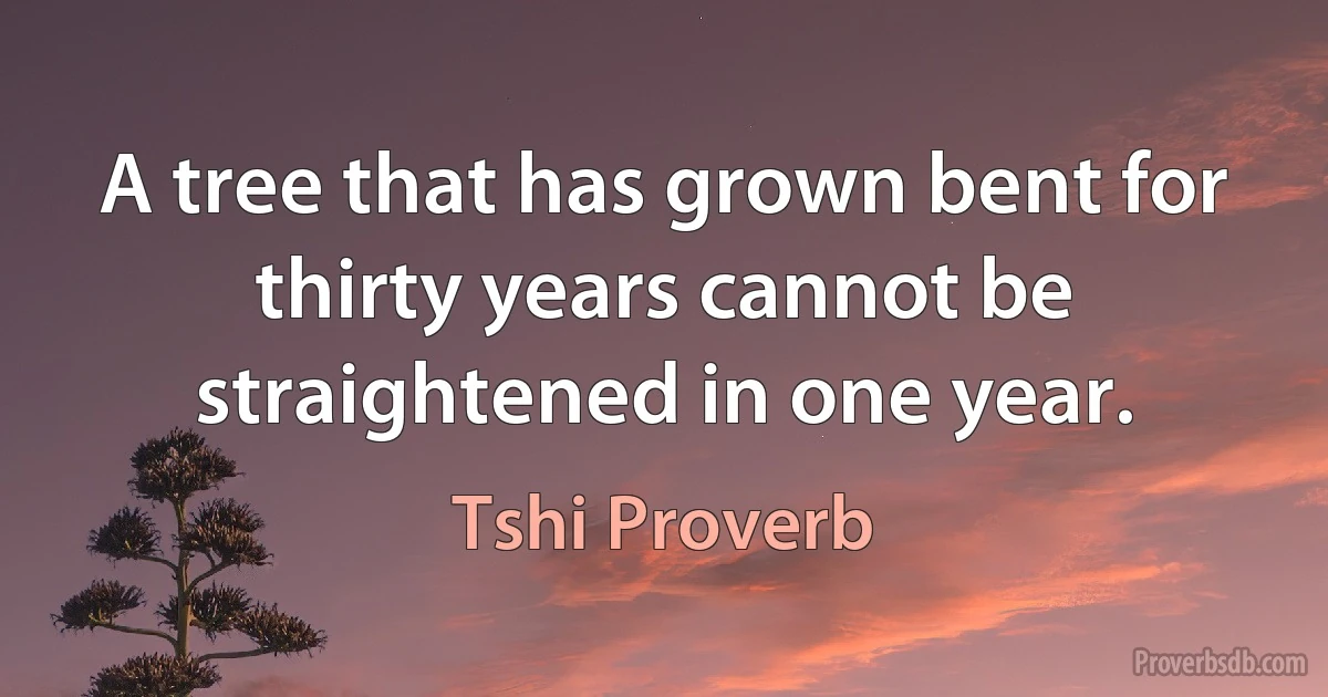 A tree that has grown bent for thirty years cannot be straightened in one year. (Tshi Proverb)