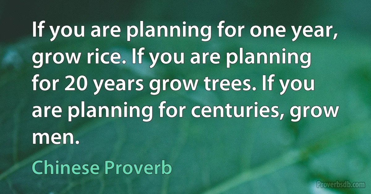 If you are planning for one year, grow rice. If you are planning for 20 years grow trees. If you are planning for centuries, grow men. (Chinese Proverb)