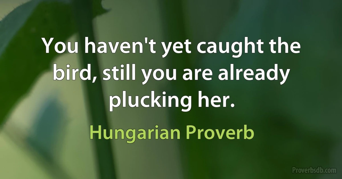 You haven't yet caught the bird, still you are already plucking her. (Hungarian Proverb)