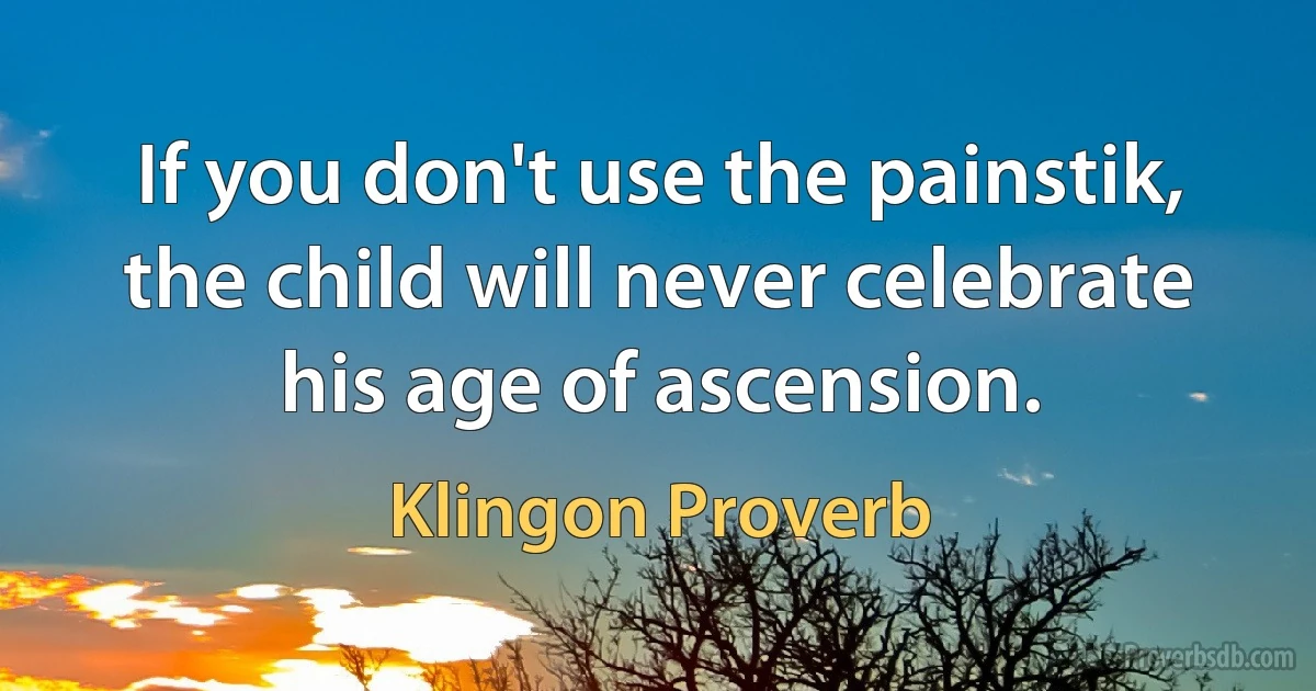 If you don't use the painstik, the child will never celebrate his age of ascension. (Klingon Proverb)