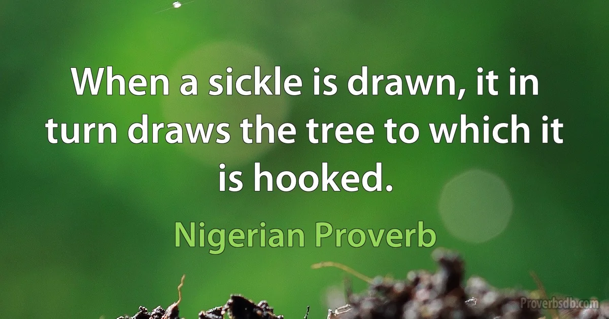 When a sickle is drawn, it in turn draws the tree to which it is hooked. (Nigerian Proverb)