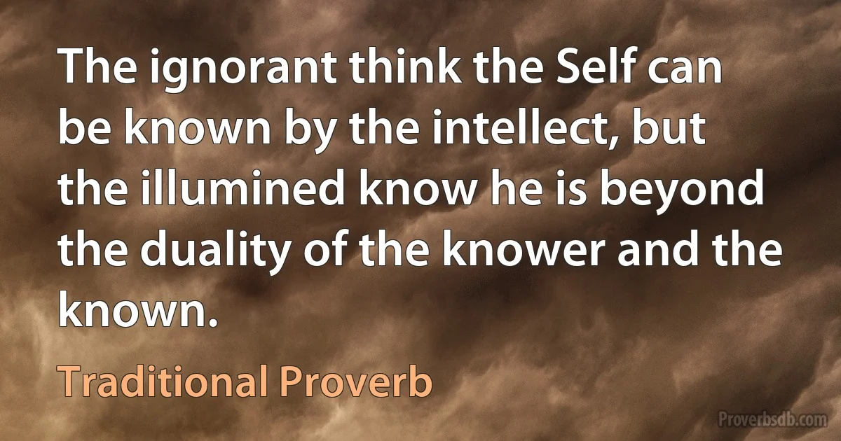 The ignorant think the Self can be known by the intellect, but the illumined know he is beyond the duality of the knower and the known. (Traditional Proverb)