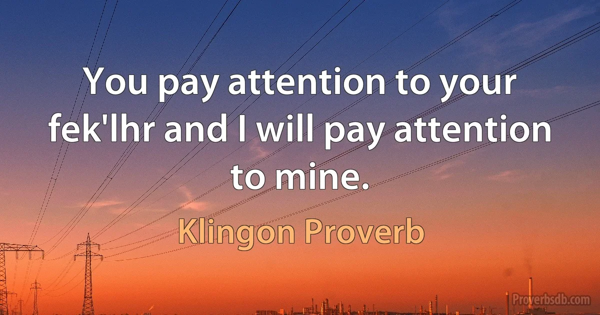 You pay attention to your fek'lhr and I will pay attention to mine. (Klingon Proverb)