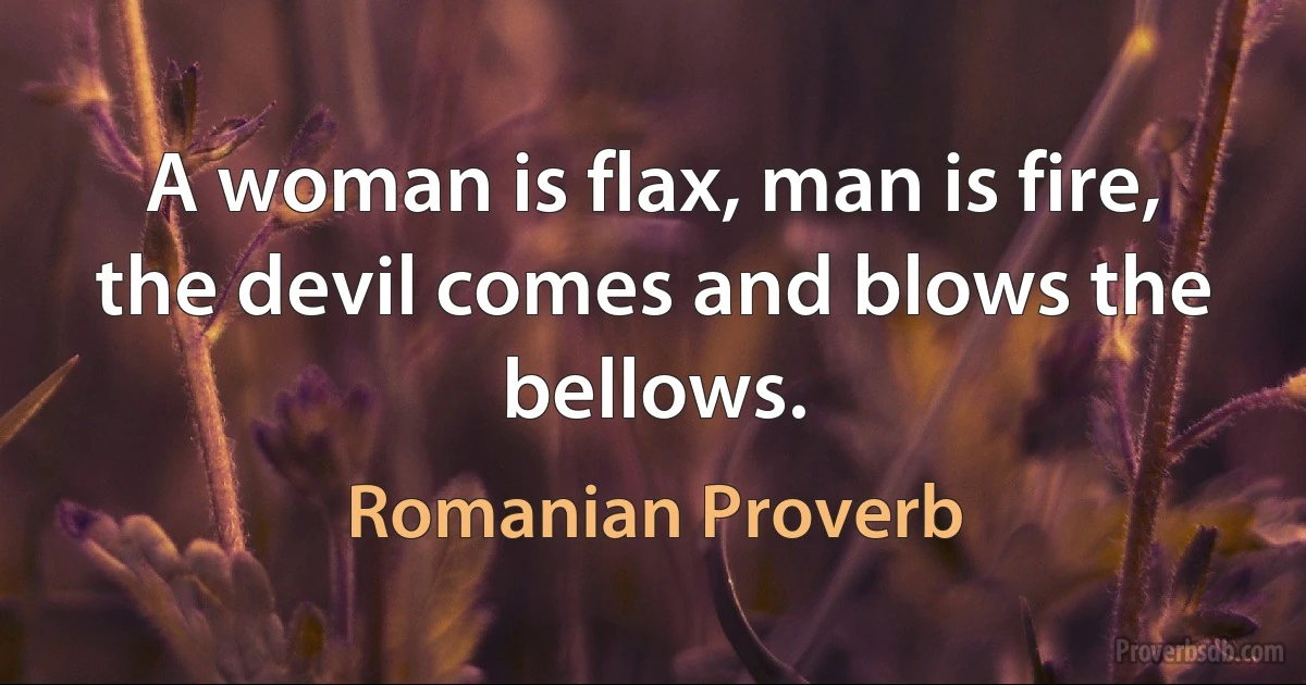 A woman is flax, man is fire, the devil comes and blows the bellows. (Romanian Proverb)