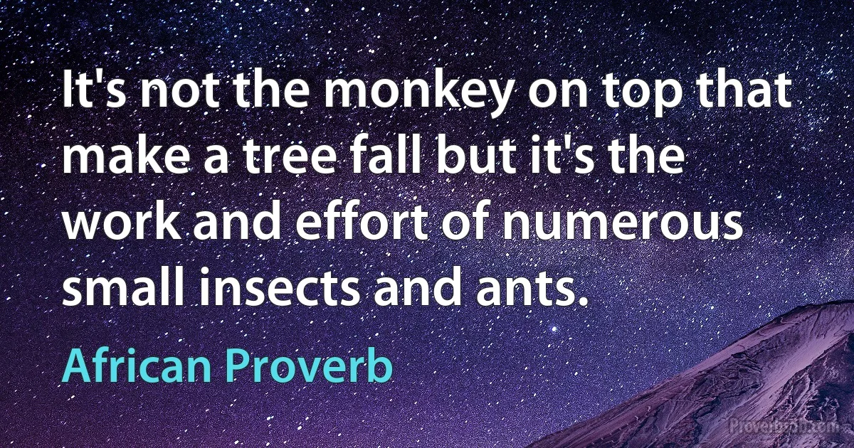 It's not the monkey on top that make a tree fall but it's the work and effort of numerous small insects and ants. (African Proverb)