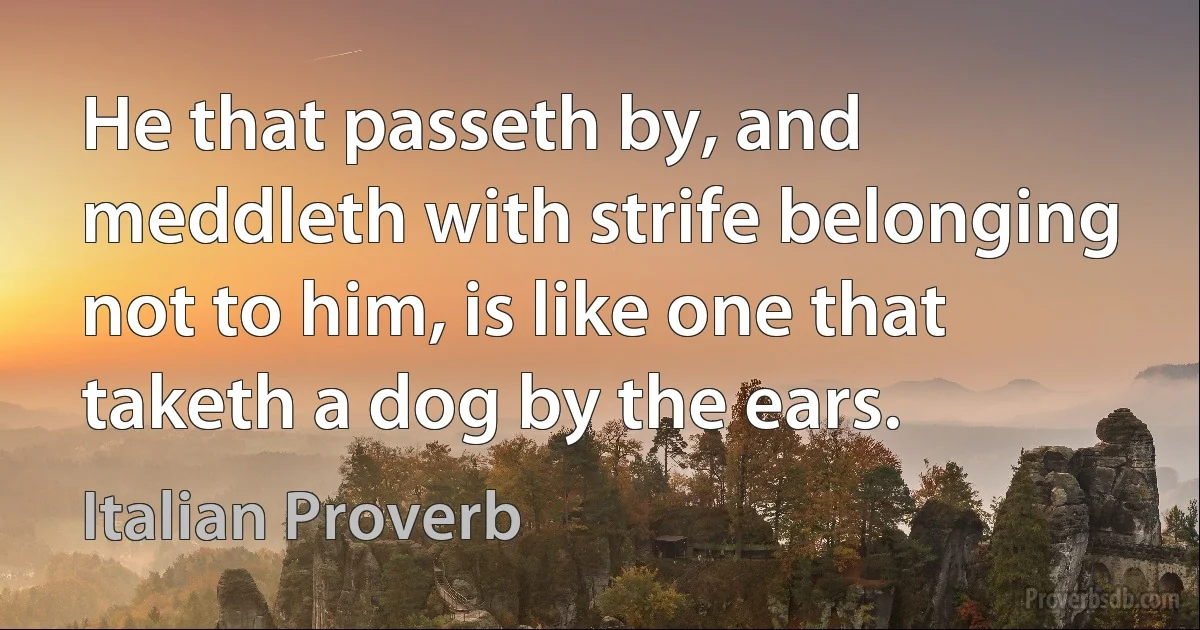 He that passeth by, and meddleth with strife belonging not to him, is like one that taketh a dog by the ears. (Italian Proverb)