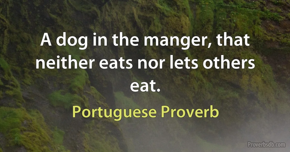 A dog in the manger, that neither eats nor lets others eat. (Portuguese Proverb)