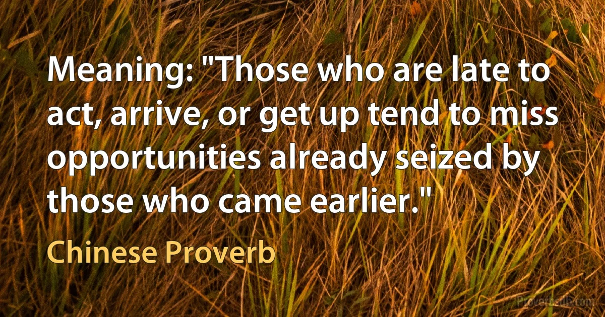 Meaning: "Those who are late to act, arrive, or get up tend to miss opportunities already seized by those who came earlier." (Chinese Proverb)