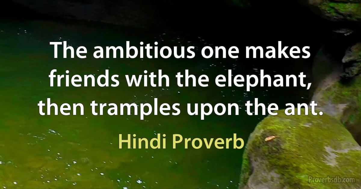 The ambitious one makes friends with the elephant, then tramples upon the ant. (Hindi Proverb)