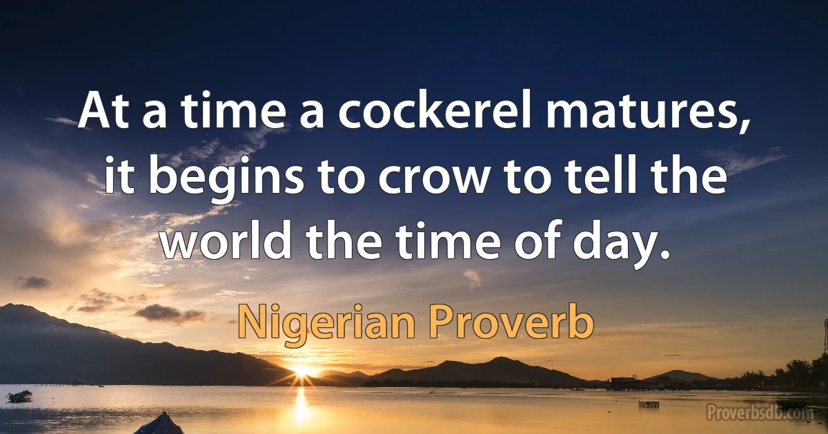 At a time a cockerel matures, it begins to crow to tell the world the time of day. (Nigerian Proverb)