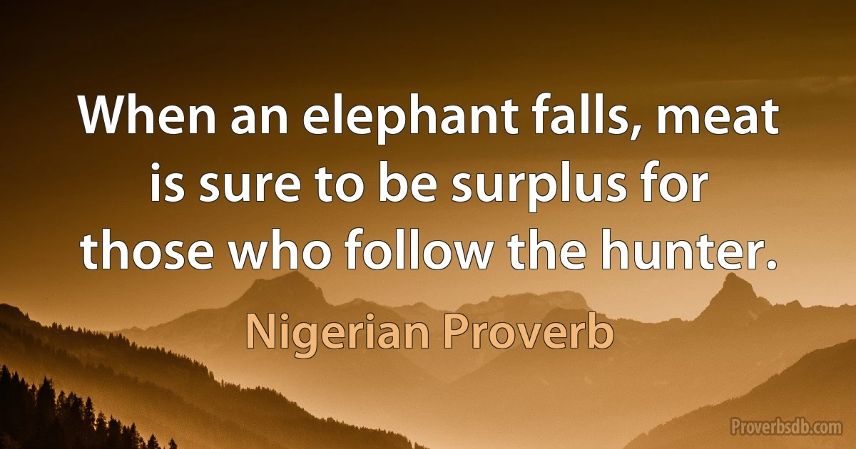 When an elephant falls, meat is sure to be surplus for those who follow the hunter. (Nigerian Proverb)