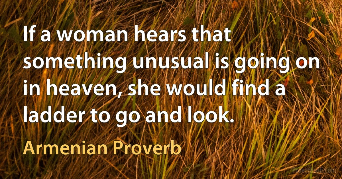 If a woman hears that something unusual is going on in heaven, she would find a ladder to go and look. (Armenian Proverb)