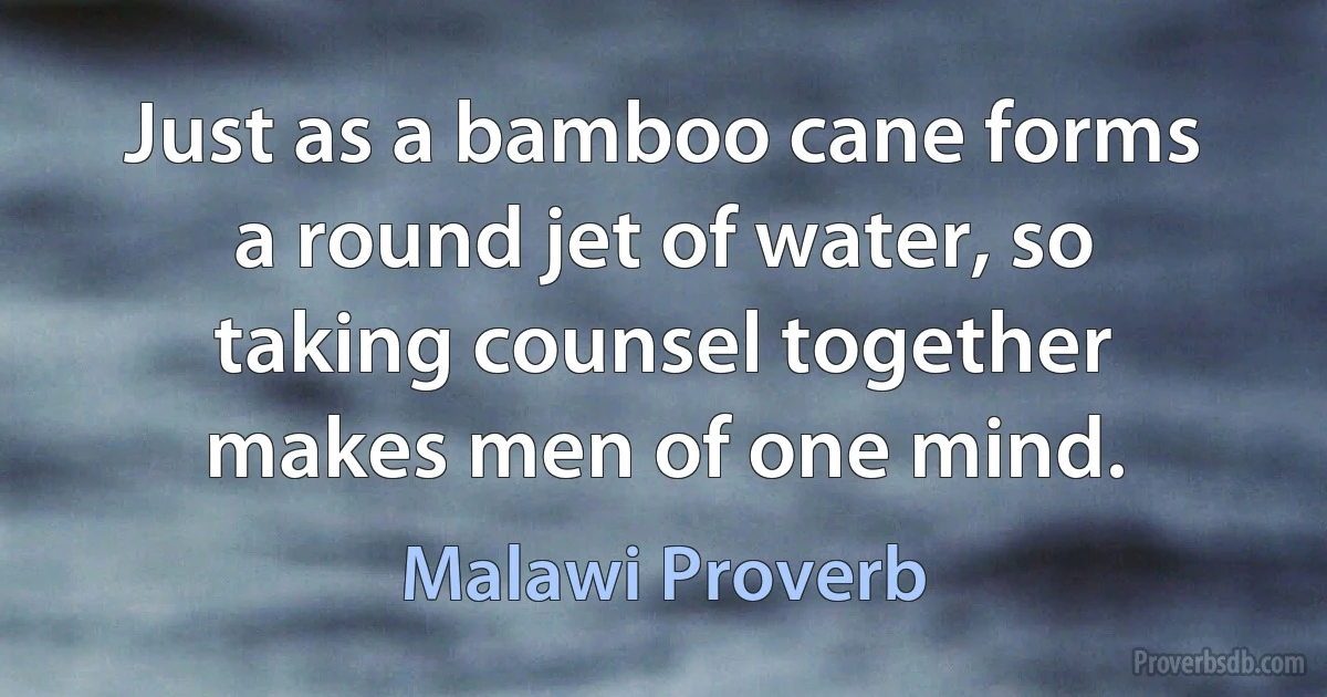 Just as a bamboo cane forms a round jet of water, so taking counsel together makes men of one mind. (Malawi Proverb)