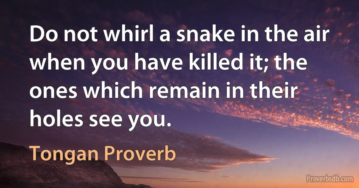 Do not whirl a snake in the air when you have killed it; the ones which remain in their holes see you. (Tongan Proverb)